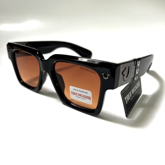 New Original TRUE RELIGION Square Sunglasses Black Acetate Classic Brown Lens XZ
